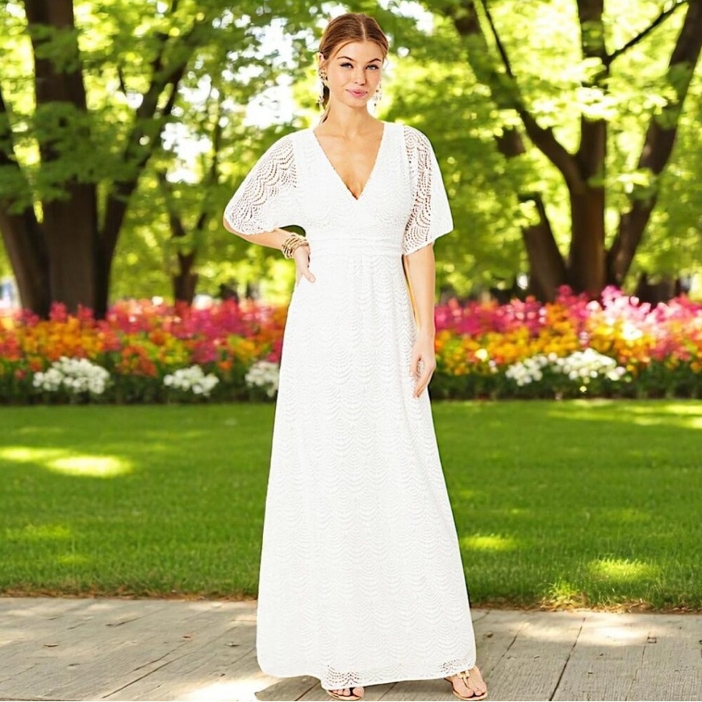 NWT Lilly Pulitzer Parigi Lace Maxi Dress Resort White Scalloped Shell XL New